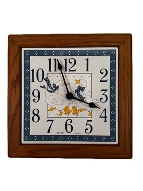 Vtg  Elgin Goose Clock 11"  Square Geese 80s Grandma Country Rustic Cottage USA